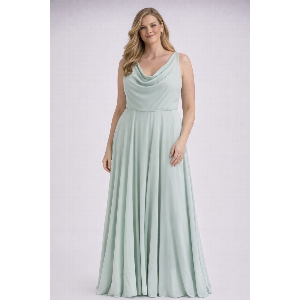 Jenny‎ Yoo Collection 16 Sage Green Cowl Neck Chiffon Maxi Bridesmaid Dress Gown